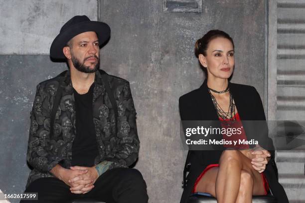 Faisy and Alejandra Barros attend a press conference on the play 'Escape Room' at Teatro Libanes on September 5, 2023 in Mexico City, Mexico.