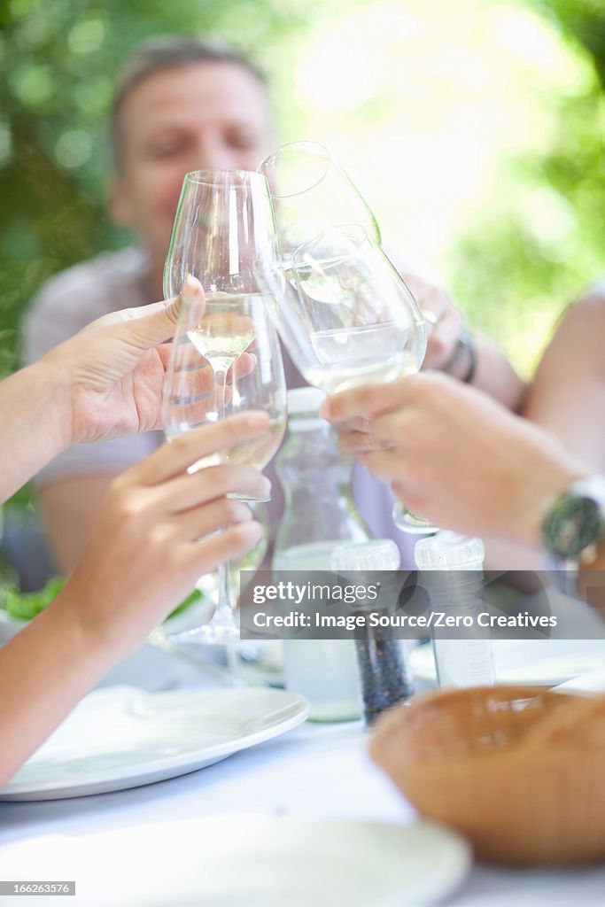 Family toasting each other at table