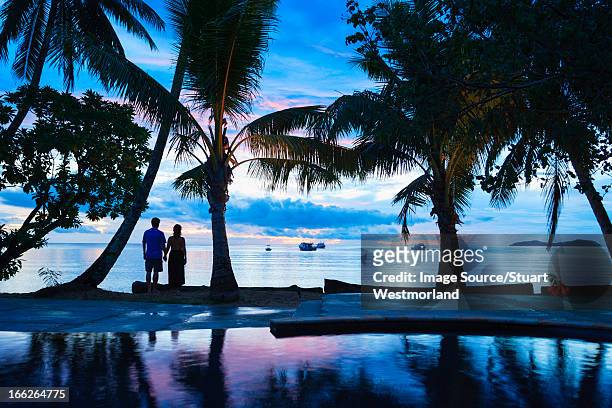 silhouette of couple on tropical beach - fiji landscape stock pictures, royalty-free photos & images