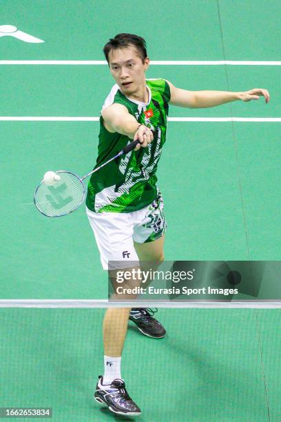 Ng Ka Long Angus of Hong Kong competes in the Men's Single match against Jonatan Christie of Indonesia during day two of the Victor Hong Kong Open at...