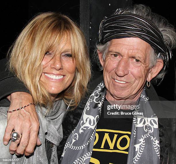 Patti Hansen and Keith Richards pose backstage at the hit musical "Kinky Boots" on Broadway at The Al Hirshfeld Theater on April 10, 2013 in New York...