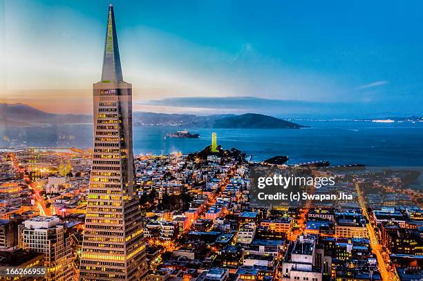 san francisco blue hour skyline - transamerica pyramid san francisco stock pictures, royalty-free photos & images