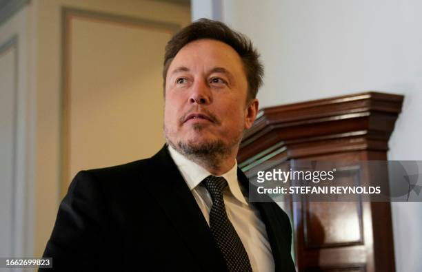 SpaceX, Twitter and electric car maker Tesla CEO Elon Musk, arrives for a US Senate bipartisan Artificial Intelligence Insight Forum at the US...