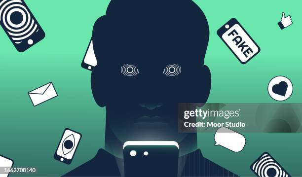 illustrazioni stock, clip art, cartoni animati e icone di tendenza di uomo ipnotizzato dall'illustrazione vettoriale dello smartphone - big brother orwellian concept