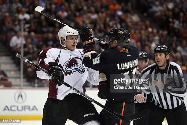 Jan Hejda of the Colorado Avalanche and Matthew Lombardi of the Anaheim Ducks tussle in the third period at Honda Center on April 10, 2013 in...