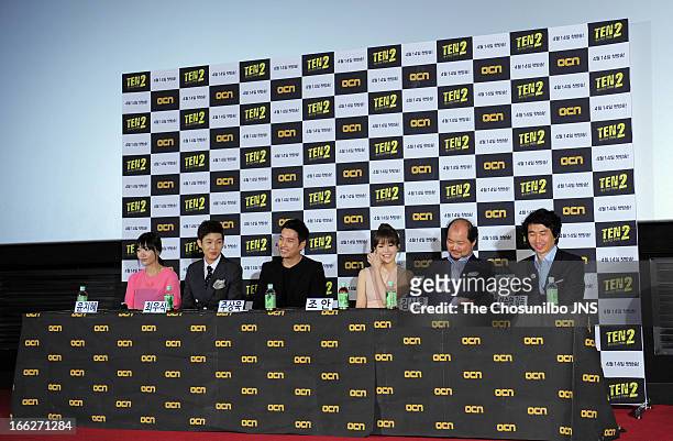 Yoon Ji-Hye, Choi Woo-Sik, Joo Sang-Uk, Jo An, Kim Sang-Ho and director Lee Seung-Young attend the OCN Drama 'TEN 2' press conference at Sangam CGV...