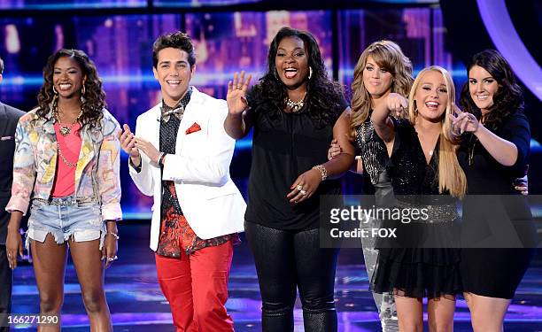 Contestants Amber Holcomb, Lazaro Arbos, Candice Glover, Angie Miller, Janelle Arthur and Kree Harrison onstage at FOX's "American Idol" Season 12...