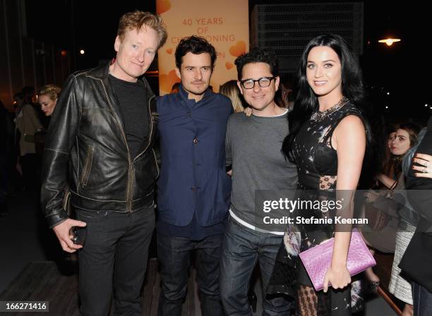 Personality Conan O'Brien, actor Orlando Bloom, host J.J. Abrams and singer Katy Perry attend Coach's 3rd Annual Evening of Cocktails and Shopping to...