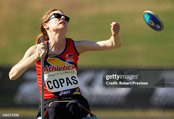 Stacey Copas of SA competes in Women Discus Throw F52 during day one of the Australian Athletics Championships at Sydney Olympic Park Athletic Centre...