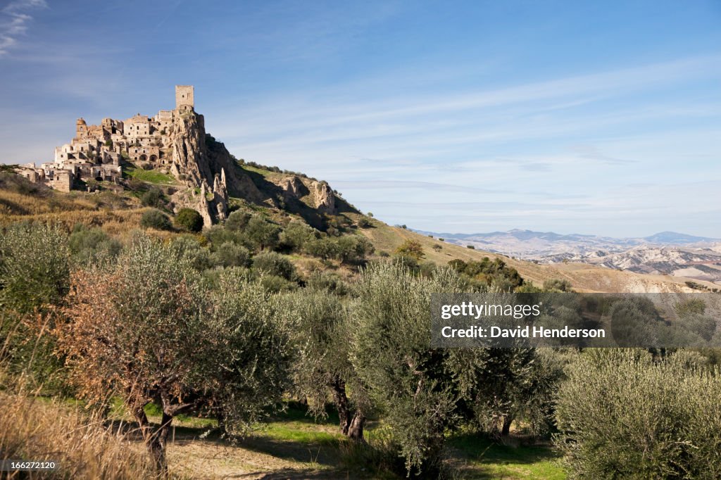 Village on hillside in rural landscape