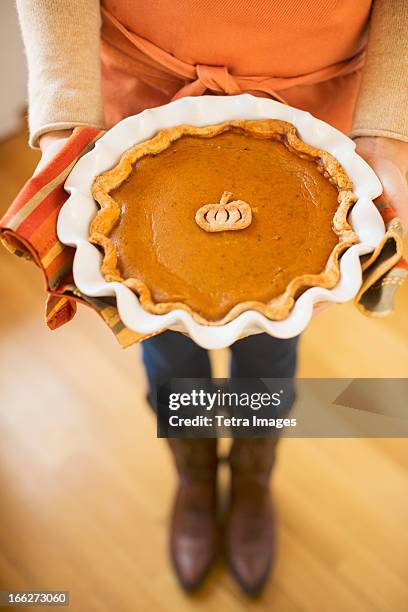 usa, new york state, woman holding pumpkin pie - tourte à la citrouille photos et images de collection