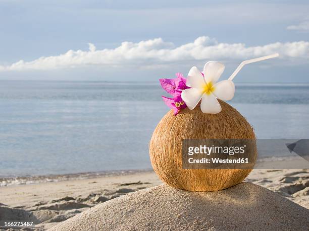 asia, thailand, koh samui, cocktail in coconut cup on sandy beach - coconut water stock pictures, royalty-free photos & images