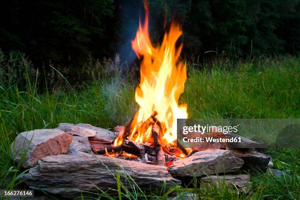 campfire at twilight - hoguera de campamento fotografías e imágenes de stock