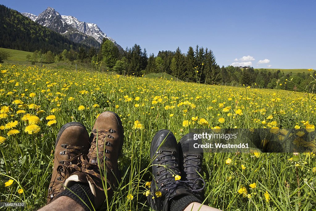 Austria, Tyrol, Kaisergebirge, Hikers relaxing on meadow, close-up