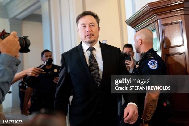 SpaceX, Twitter and electric car maker Tesla CEO Elon Musk, arrives for a US Senate bipartisan Artificial Intelligence Insight Forum at the US...