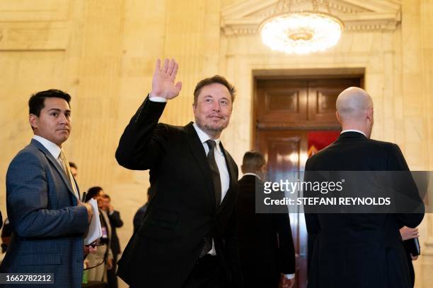 SpaceX, Twitter and electric car maker Tesla CEO Elon Musk, arrives for a US Senate bipartisan Artificial Intelligence Insight Forum at the US...