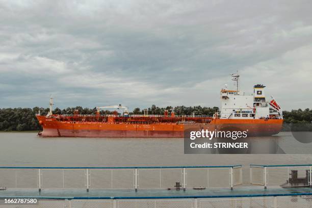 This photograph taken on July 27, 2023 shows the Liberian tanker the 'New Ranger' travelling along on the Danube river close to the port of Izmail,...