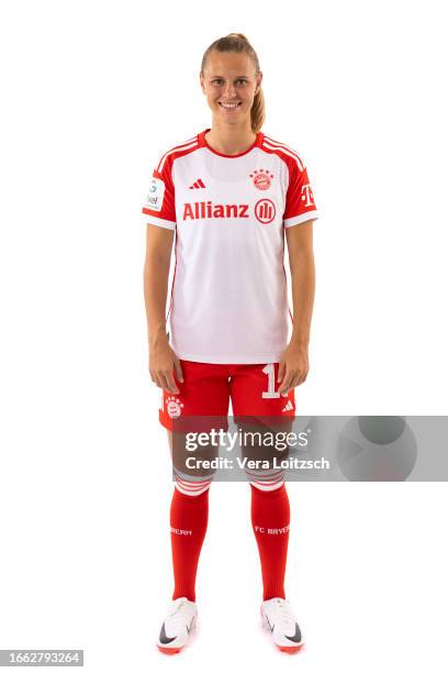 Klara Buehl poses during the team presentation of FC Bayern Muenchen Women's at FC Bayern Muenchne Acadamy on September 4, 2023 in Munich, Germany.