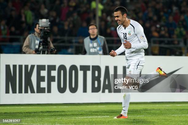 Fozil Musaev of Bunyodkor celebrates after scoring his team's first goal during the AFC Champions League Group match between Beijing Guoan and...