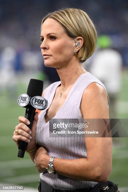 Sports sideline reporter Shannon Spake broadcasts from the sideline during the NFL game between the Jacksonville Jaguars and the Indianapolis Colts...