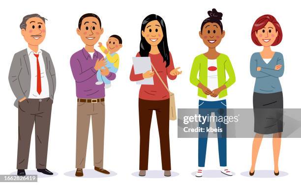 vielfältige gruppe von männern und frauen - guy in front of computer cartoon stock-grafiken, -clipart, -cartoons und -symbole