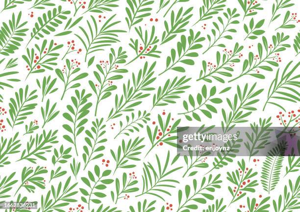 ilustrações de stock, clip art, desenhos animados e ícones de seamless green christmas plants background wallpaper - galhinhos