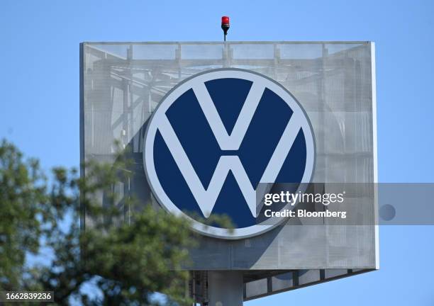 Logo at the Volkswagen Autoeuropa automobile manufacturing plant south of Lisbon, Portugal, on Wednesday, Sept. 13. 2023. The Autoeuropa plant...