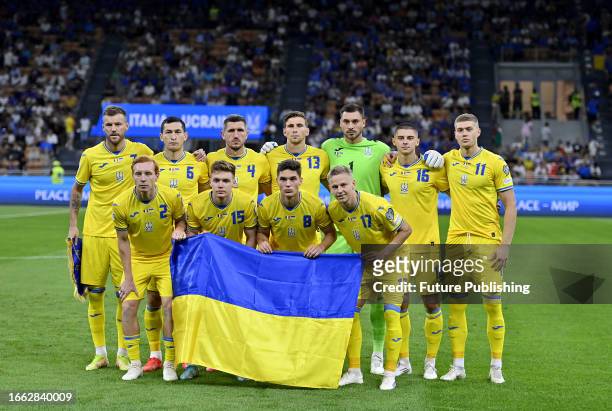 The national team of Ukraine is seen on the field before the start of the UEFA EURO 2024 Qualifying Round Matchday 6 Group C game against Italy which...