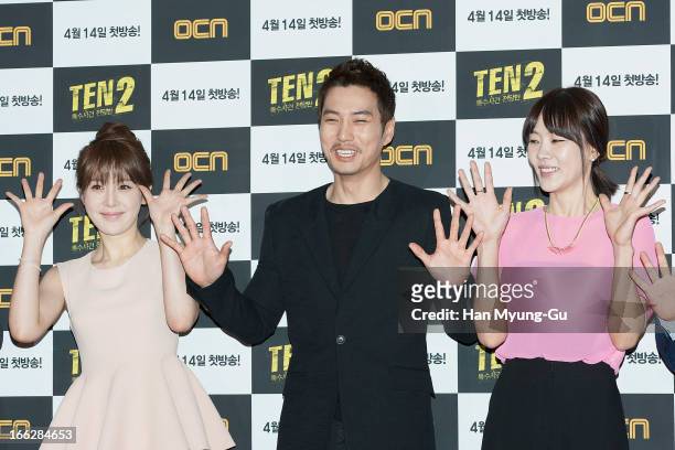 South Korean actors Cho Ahn , Joo Sang-Wook and Yoon Ji-Hye attend the OCN Drama 'TEN2' Press Conference on April 10, 2013 in Seoul, South Korea. The...