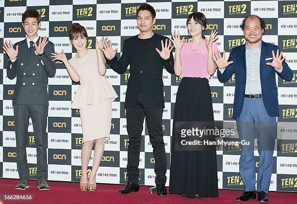 South Korean actors Choi Woo-Shik, Cho Ahn , Joo Sang-Wook, Yoon Ji-Hye and Kim Sang-Ho attend the OCN Drama 'TEN2' Press Conference on April 10,...