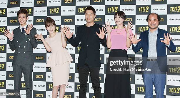 South Korean actors Choi Woo-Shik, Cho Ahn , Joo Sang-Wook, Yoon Ji-Hye and Kim Sang-Ho attend the OCN Drama 'TEN2' Press Conference on April 10,...