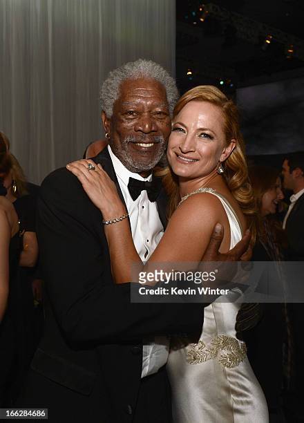 Actors Morgan Freeman and Zoe Bell attend the after party for the premiere of Universal Pictures' "Oblivion" at Dolby Theatre on April 10, 2013 in...