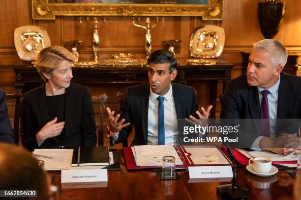 Prime Minister Rishi Sunak and Health and Social Care Secretary, Steve Barclay, with the Chief Executive of NHS England, Amanda Pritchard, as they...