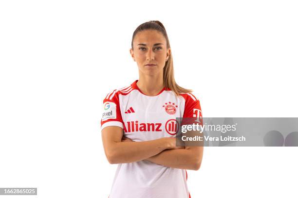 Katharina Naschenweng poses during the team presentation of FC Bayern Muenchen Women's at FC Bayern Muenchne Acadamy on September 4, 2023 in Munich,...