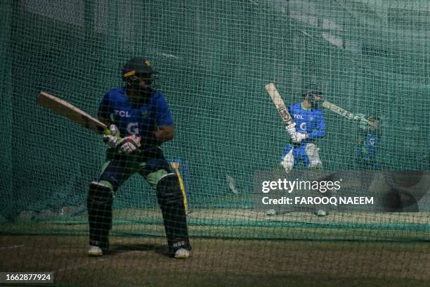 Pakistan's cricketers bat at the nets during a practice session at the R. Premadasa Stadium in Colombo on September 13 on the eve the Asia Cup 2023...