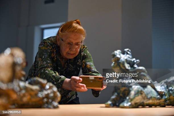 An elderly woman takes a picture of a showpiece on display at The Abduction of Europa exhibition of Ukrainian sculptor, Shevchenko National Prize...
