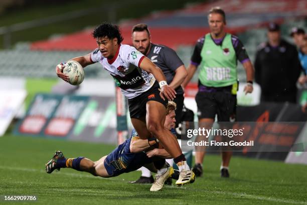 Sofai Maka of North Harbour is tackled during the round five Bunnings Warehouse NPC match between North Harbour and Otago at North Harbour Stadium,...