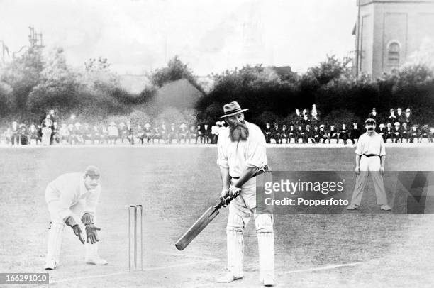 Dr WG Grace batting for the London County cricket team against Derbyshire at Chesterfield, 8th August 1904. Derbyshire won by 139 runs.