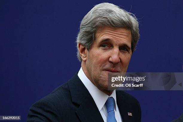 Secretary of State John Kerry arrives at Lancaster House on April 11, 2013 in London, England. G8 Foreign Ministers are holding a two day meeting...