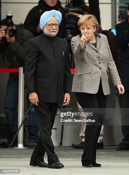 German Chancellor Angela Merkel welcomes Indian Prime Minister Manmohan Singh at the Chancellery on April 11, 2013 in Berlin, Germany. Singh and the...