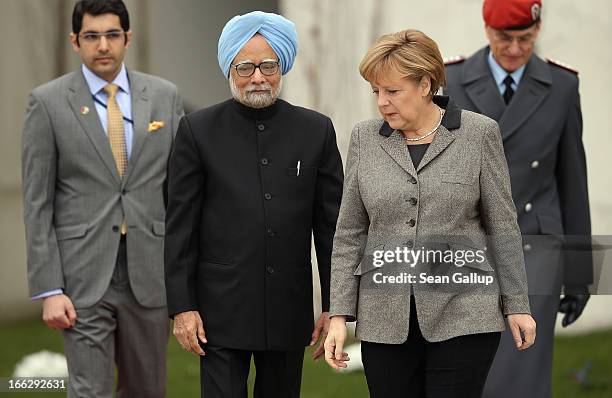 German Chancellor Angela Merkel welcomes Indian Prime Minister Manmohan Singh at the Chancellery on April 11, 2013 in Berlin, Germany. Singh and the...