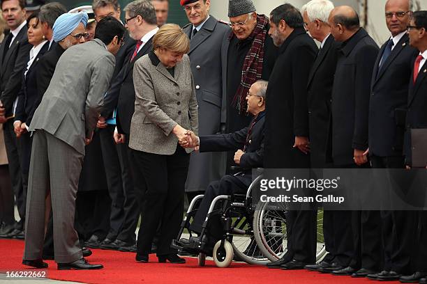 German Chancellor Angela Merkel and Indian Prime Minister Manmohan Singh meet their government minister at the Chancellery on April 11, 2013 in...