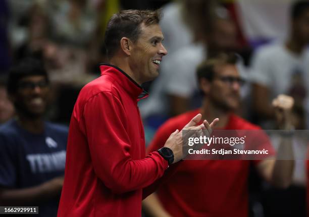 Captain Bob Bryan of USA reacts during the 2023 Davis Cup Finals Group D Stage match between Croatia and USA at Arena Gripe Sports Centre on...