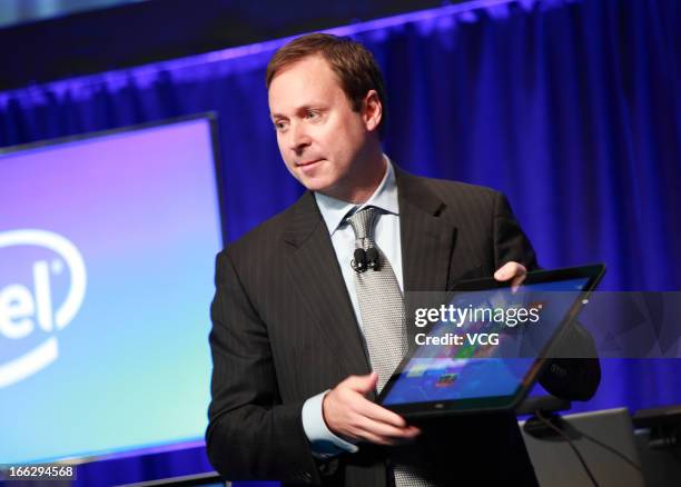 Kirk Skaugen, senior vice president and general manager of the PC Client Group for Intel Corporation, speeks during Intel Developer Forum at National...