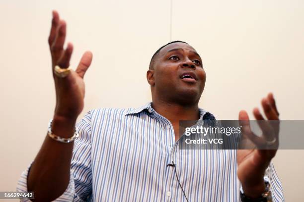 Former NBA star Horace Grant visits Mercedes-Benz Arena before NBA pre-season match on April 10, 2013 in Shanghai, China. Golden State Warriors will...