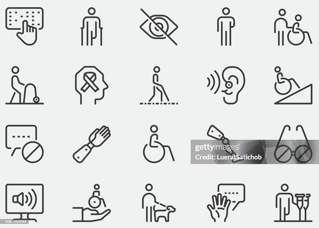 Liniensymbol für Behinderungen. ADA, Rollstuhl, Aphasie, Barrierefreiheit, blind, gebrochenes Bein, behindert, Assistenz, Taubheit, Geistige Behinderung, Geistige Behinderung, unsichtbar, Inklusion von Vielfalt, Menschen mit Behinderung