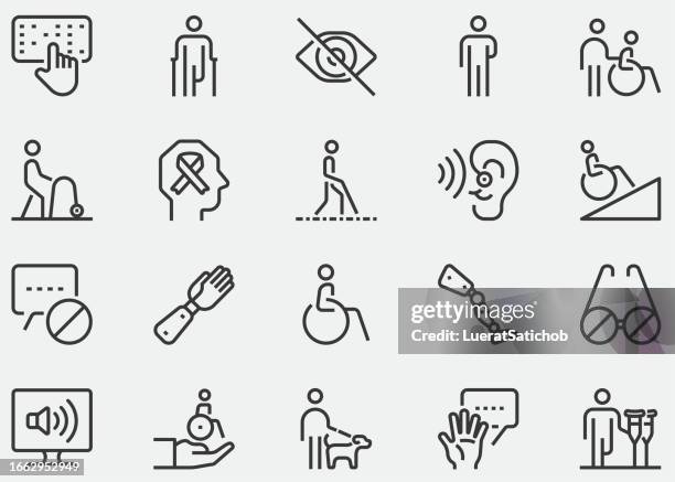 disability line icon. ada, wheelchair, aphasia, accessibility, blind, broken leg, disabled, assistance, deafness, mental disability, mental retardation, unsee, diversity inclusion, disabled people - brain-areas-infographic stock illustrations