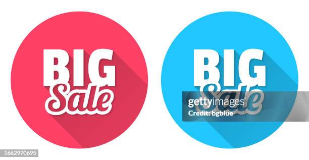 stockillustraties, clipart, cartoons en iconen met big sale. round icon with long shadow on red or blue background - big red button