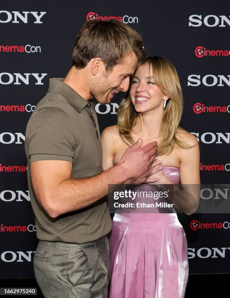 Glen Powell and Sydney Sweeney promote the upcoming film "Anyone But You" at the Sony Pictures Entertainment presentation during CinemaCon, the...