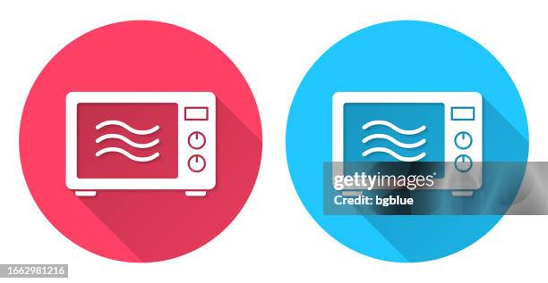 microwave oven. round icon with long shadow on red or blue background - microwave button clip art stock illustrations